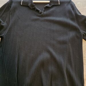 DKNY Black Polo-Style Ribbed Top with White Trim